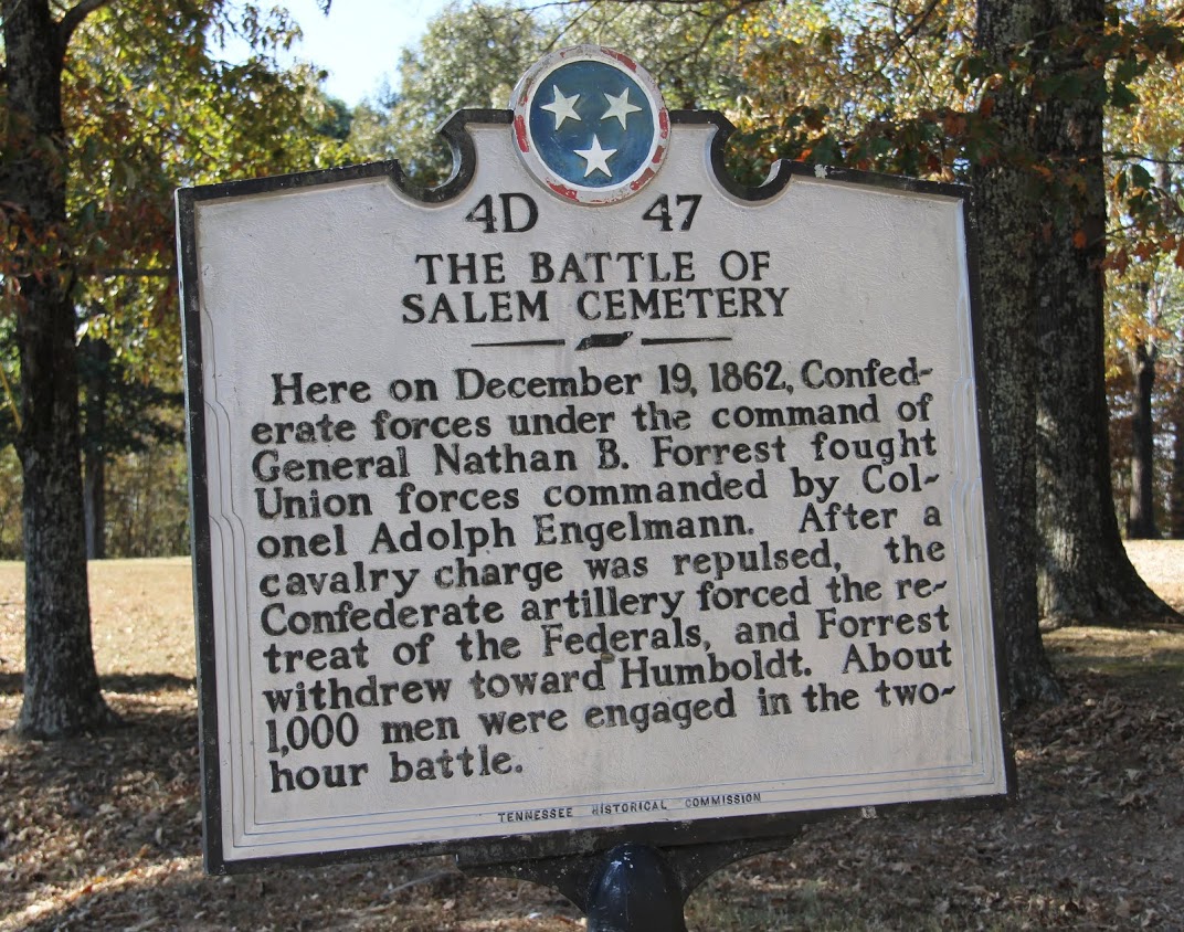 A cleaned history sign at Salem Cemetery announces the Civil War battlefield site to visitors on November 1, 2016.