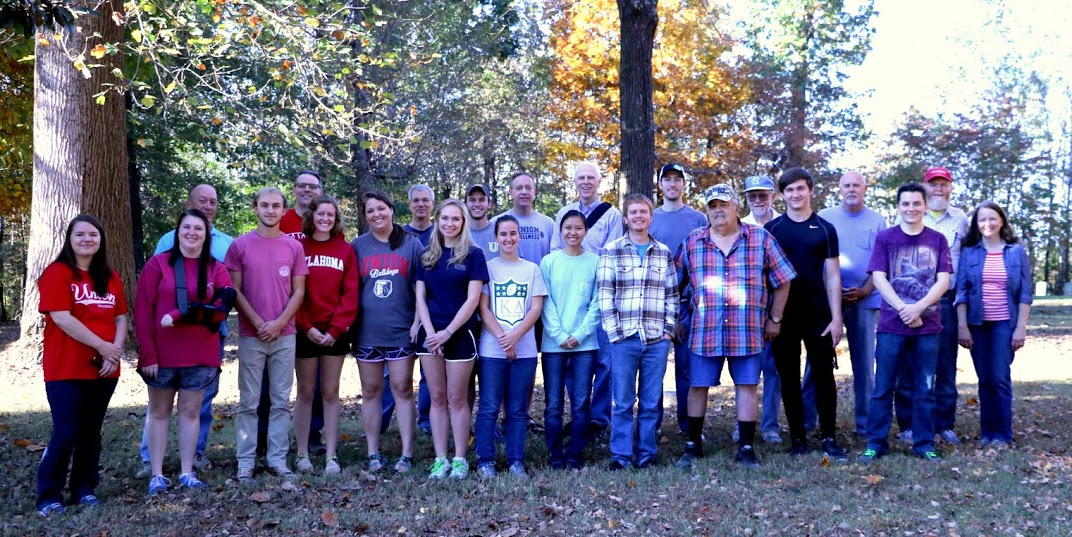 Participants at the Salem Cemetery community service project on November 1, 2016, take time for a group photo. They are: (front row, left to right) Jordan Sellers, Kathryn Mitchell, Devin Dean, Beth Adams, Emily Littleton, Ali Renckens, Joanna Butcher, Katherine Cheshire, Gideon Ragland, Malcom Wilcox, Jacob Carroll, and Nic Linn; (back row, left to right) Ed Smith, Dr. Keith Bates, Dr. David Thomas, Seth Reid, Dr. Henry Allen, Dr. Stephen Carls, Luke Adkins, Dr. Terry Lindley, Dr. Kelvin Moore, David Ragland, and Debbie Ragland.