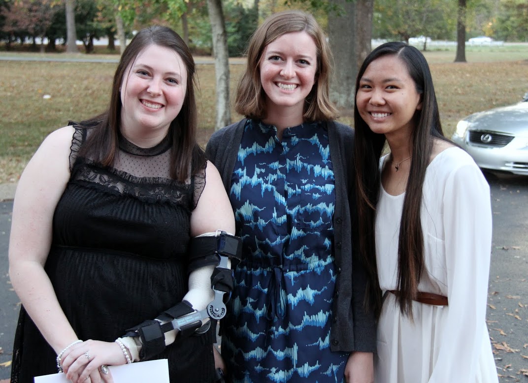 Phi Alpha Theta members (left to right) Kathryn Mitchell, Beth Adams, and Katherine Cheshire listen to a carillon concert outside First Presbyterian Church in Jackson on November 4, 2016. They served as ushers at the Tennessee Great War Commission's World War I commemoration program at the church prior to the concert.