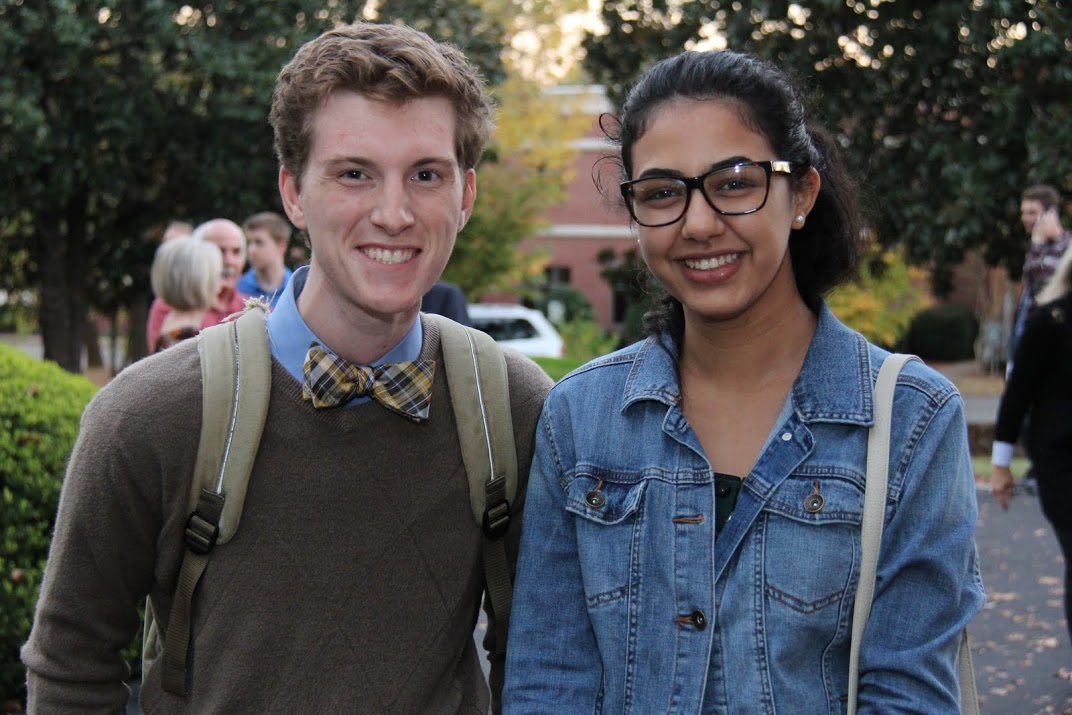 Union students Travis Binkley and Hadeer Solomon listen to an outdoor carillon concert at First Presbyterian Church in Jackson following a World War I commemoration program that the Tennessee Great War Commission sponsored on November 4, 2016.