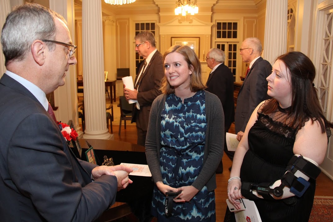 Louis de Corail, Consul Général de France in Atlanta, talks with Phi Alpha Theta members Beth Adams (center) and Kathryn Mitchell at a reception in the Memorial Hall of Jackson's First Presbyterian Church following a World War I commemoration program that the Tennessee Great War Commission sponsored on November 4, 2016.