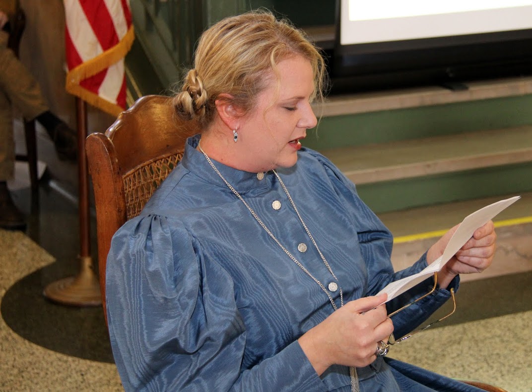 Cynthia Jones plays the role of Ms. Ella Jones, the mother of Lieutenant Herbert Jones, during a short living history skit on November 6, 2016, about Lieutenant Jones, who was killed in action in France in July, 1918.