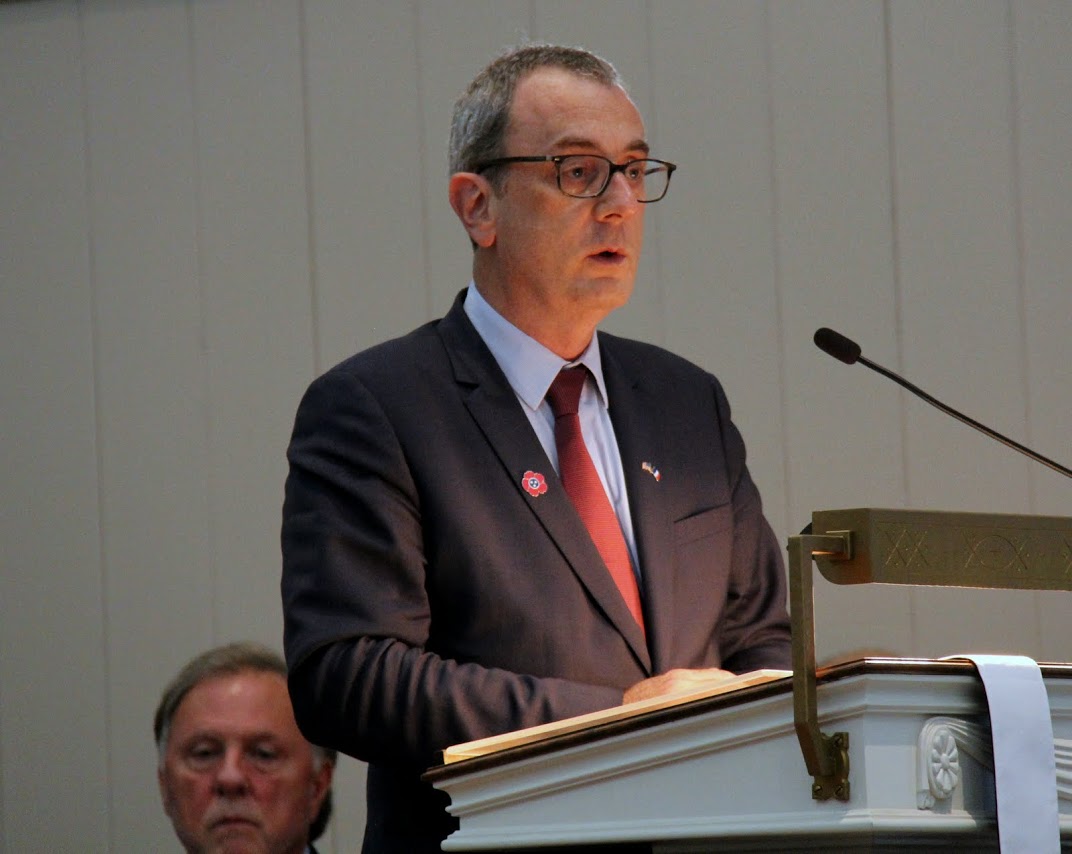 Consul Général de France Louis de Corail pays tribute to the Great War soldiers from Madison County at a World War I commemoration ceremony at Jackson's First Presbyterian Church on November 4, 2016.