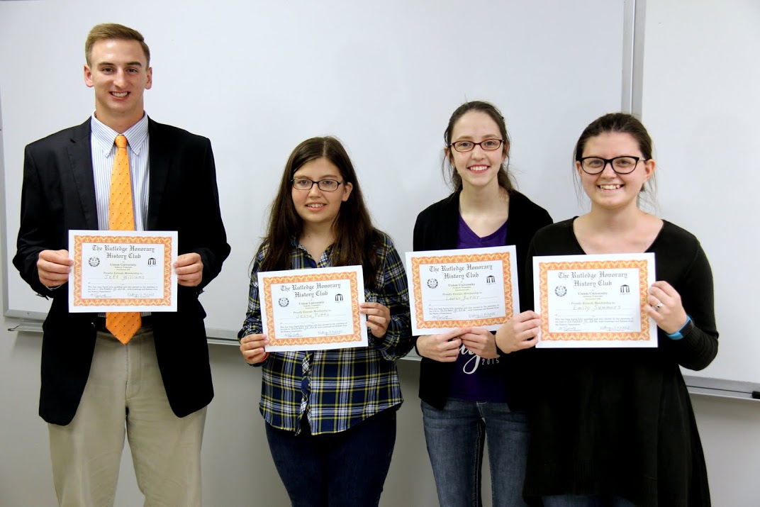 The new members of the Rutledge Honorary History Club display their certificates of membership at the club's plenary meeting on October 10, 2016. They are (left to right) Jeff Williams, Jessa Potts, Lauren Butler, and Emily Summers.