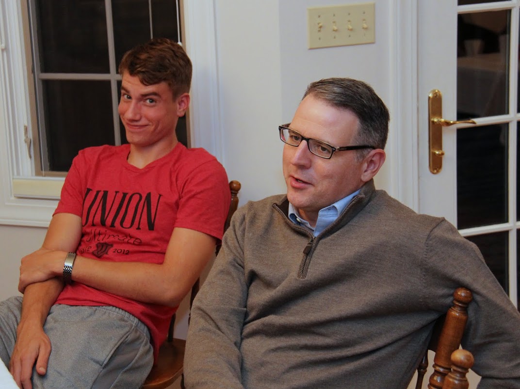 Dr. Keith Bates (right) and Phi Alpha Theta member Stephen Lewoczko relax at the Delta-Psi chapter's Best Chapter Award pizza party on October 21, 2016.