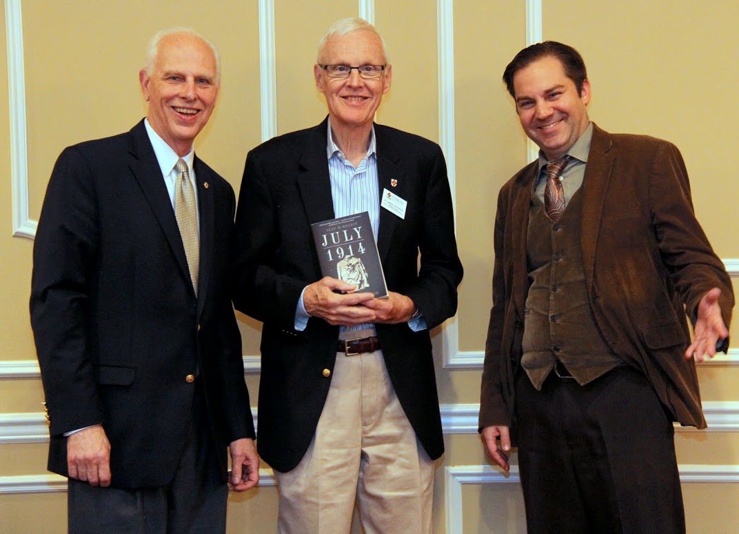 Dr. James Patterson (center) accepts a book written by Professor Sean McMeekin (right) during a dinner ceremony on October 3, 2016, recognizing his longtime support for the Carls-Schwerdfeger History Lectureship. Dr. Stephen Carls is at the left.