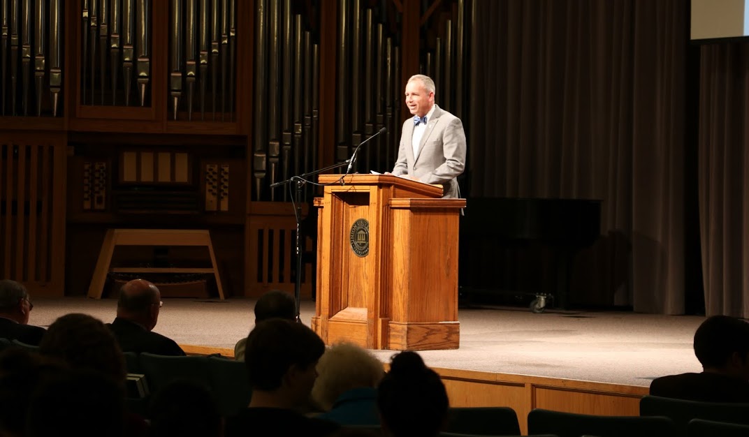 Union University President Dr. Samuel W. Dub Oliver welcomes attendees to the Carls-Schwerdfeger History Lecture on the evening of October 3, 2016. Photo by Elizabeth Wilson