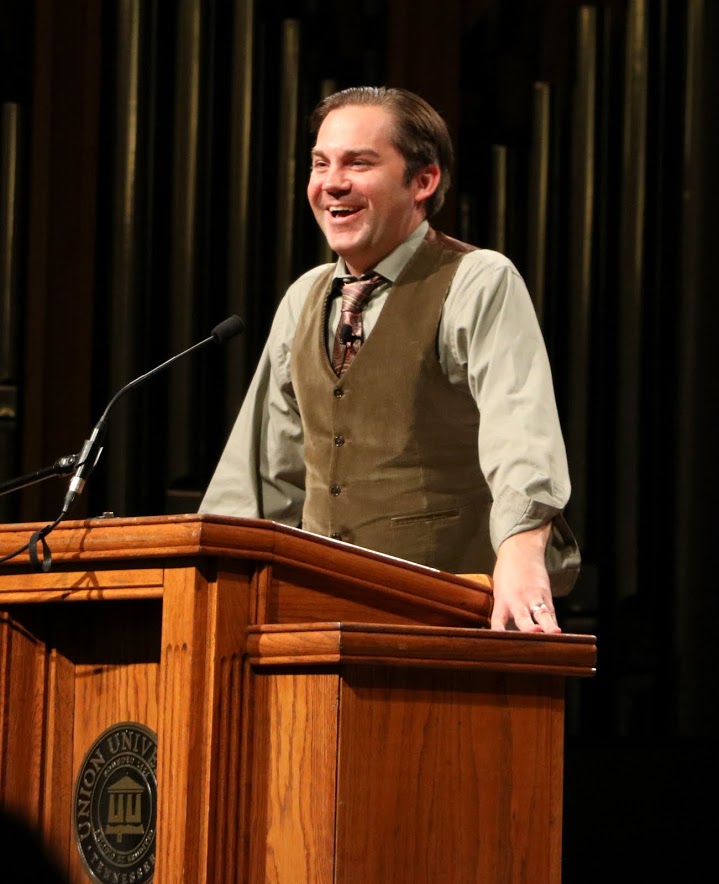 Dr. Sean McMeekin greets the crowd at his evening Carls-Schwerdfeger lecture on October 3, 2016, with a bit of humor. Photo by Elizabeth Wilson