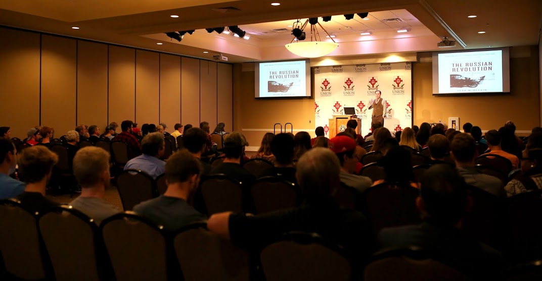 Dr. Sean McMeekin speaks to a crowd of some 100 people about Hostile Takeover: The Bolsheviks Conquer Russia, 1917-1920 on the afternoon of October 3, 2016. Photo by Kristi Woody