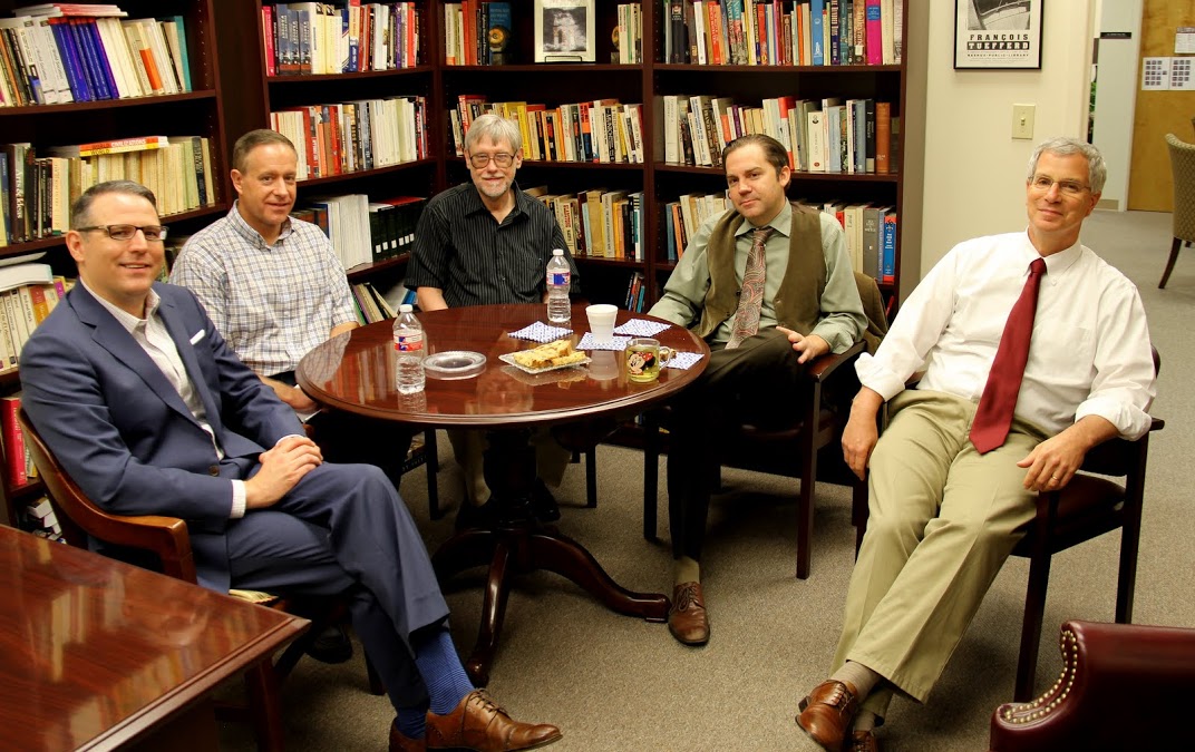 History department members enjoy an afternoon snack with Dr. Sean McMeekin (second from right) on the afternon of October 3, 2016. They are (left to right) Dr. Keith Bates, Dr. Henry Allen, Dr. Terry Lindley, and Dr. David Thomas.