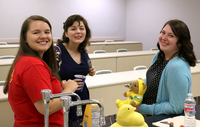 Jordan Sellers (left to right), Priscilla Porter, and Kathryn Mitchell relax after the Delta-Psi chapter's plenary meeting on September 13, 2016. Photo by Elizabeth Wilson