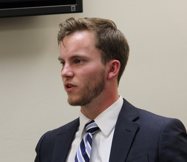 Seth Reid answers a question at his history honors thesis defense on December 8, 2017.