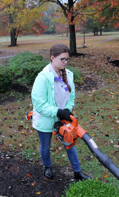 Emily Summers uses a blower to clean leaves and trimmings from an area of shrubs at Liberty Garden Park on November 7, 2017.