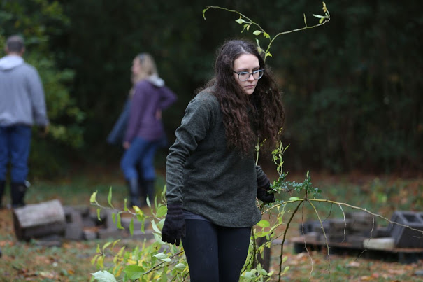 Katie Allison carries some branches to a pile for loading onto a truck at Liberty Garden Park on November 7, 2017. Photo by Janelle Vest