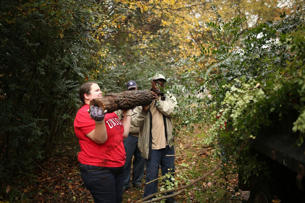 Phi Alpha Theta member Jessica Barton and Charles Brooks, a member of the City of Jackson groundskeeping crew, foist a tree log onto the back of a dump truck at Liberty Garden Park on November 7, 2017. Photo by Kristi Woody