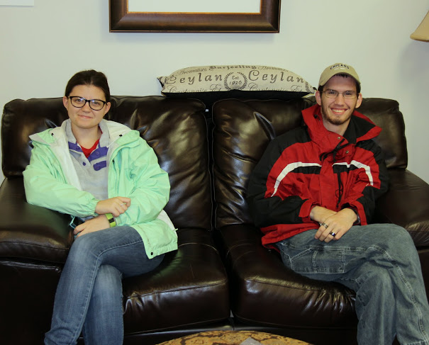 Emily Summers and Matthew Latham wait in the Jones Suite for the History Department/Phi Alpha Theta community service project to begin on November 7, 2017.