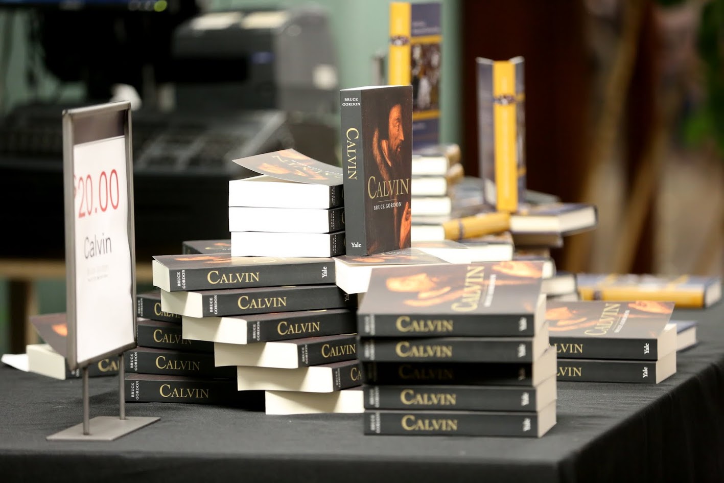 Copies of Dr. Bruce Gordon's books are on display during a book signing in Union's chapel foyer following Gordon's lecture about What Happened to the Bible in the Reformation? on October 19, 2017. Photo by Kristi Woody