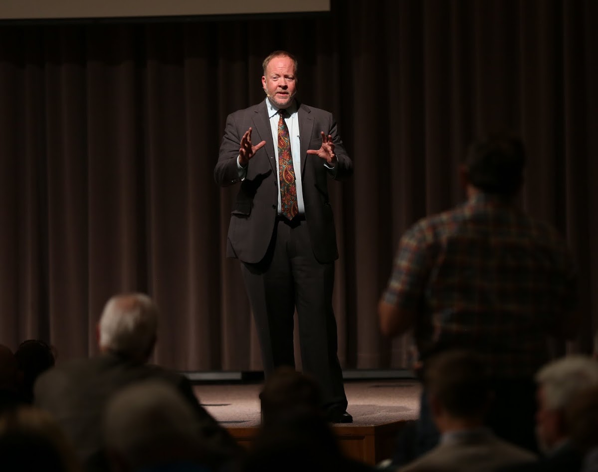 Dr. Bruce Gordon responds to a question at the end of his lecture about What Happened to the Bible in the Reformation? on October 19, 2017. Photo by Kristi Woody