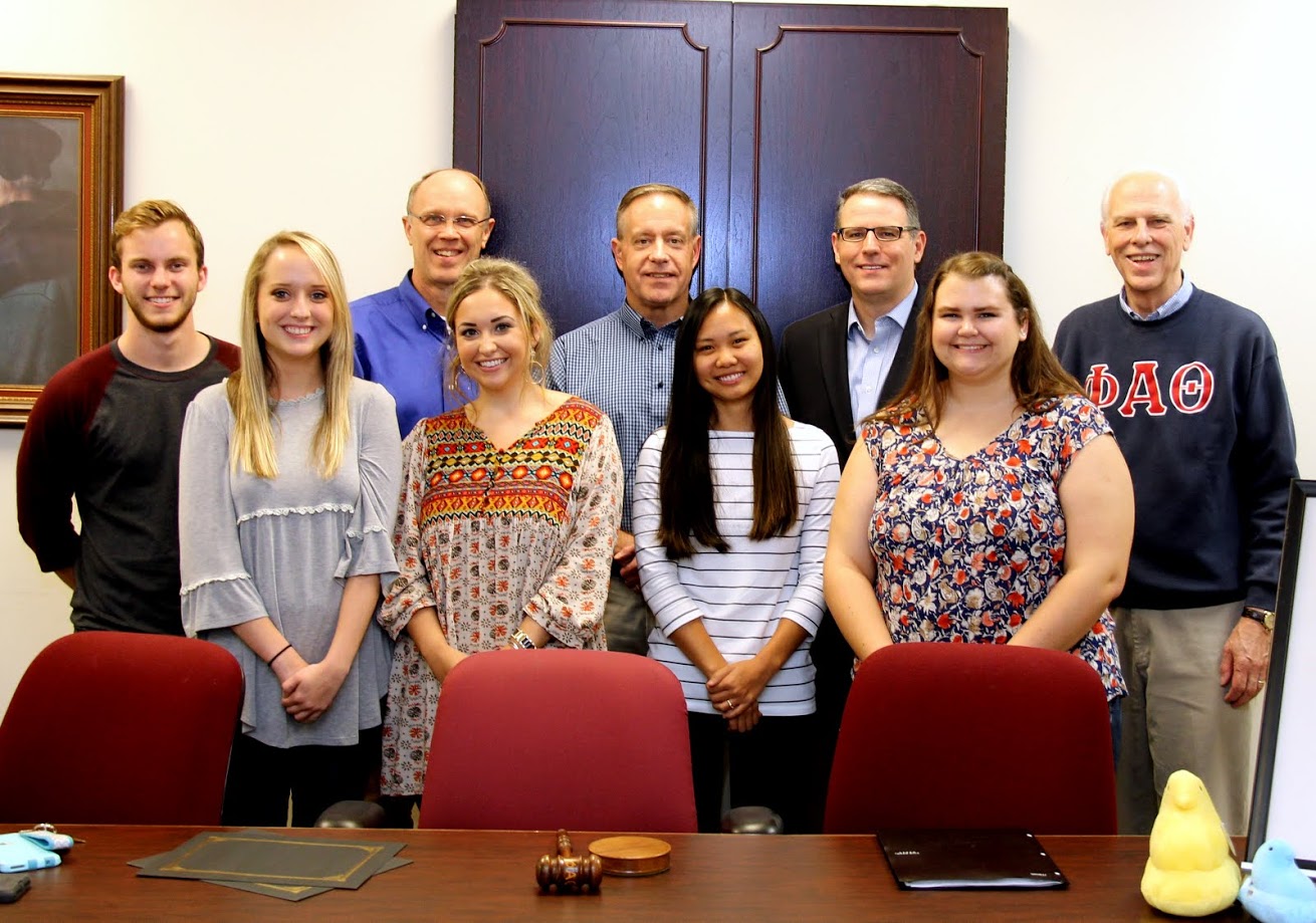 Phi Alpha Theta members stand together at the Delta-Psi chapter's fall plenary meeting on September 14, 2017. They are (left to right) Seth Reid, Nakota Wood, Robert Briley, Marylee Barker, Dr. Henry Allen, Katherine Cheshire, Dr. Keith Bates, Jessica Barton, and Dr. Stephen Carls.