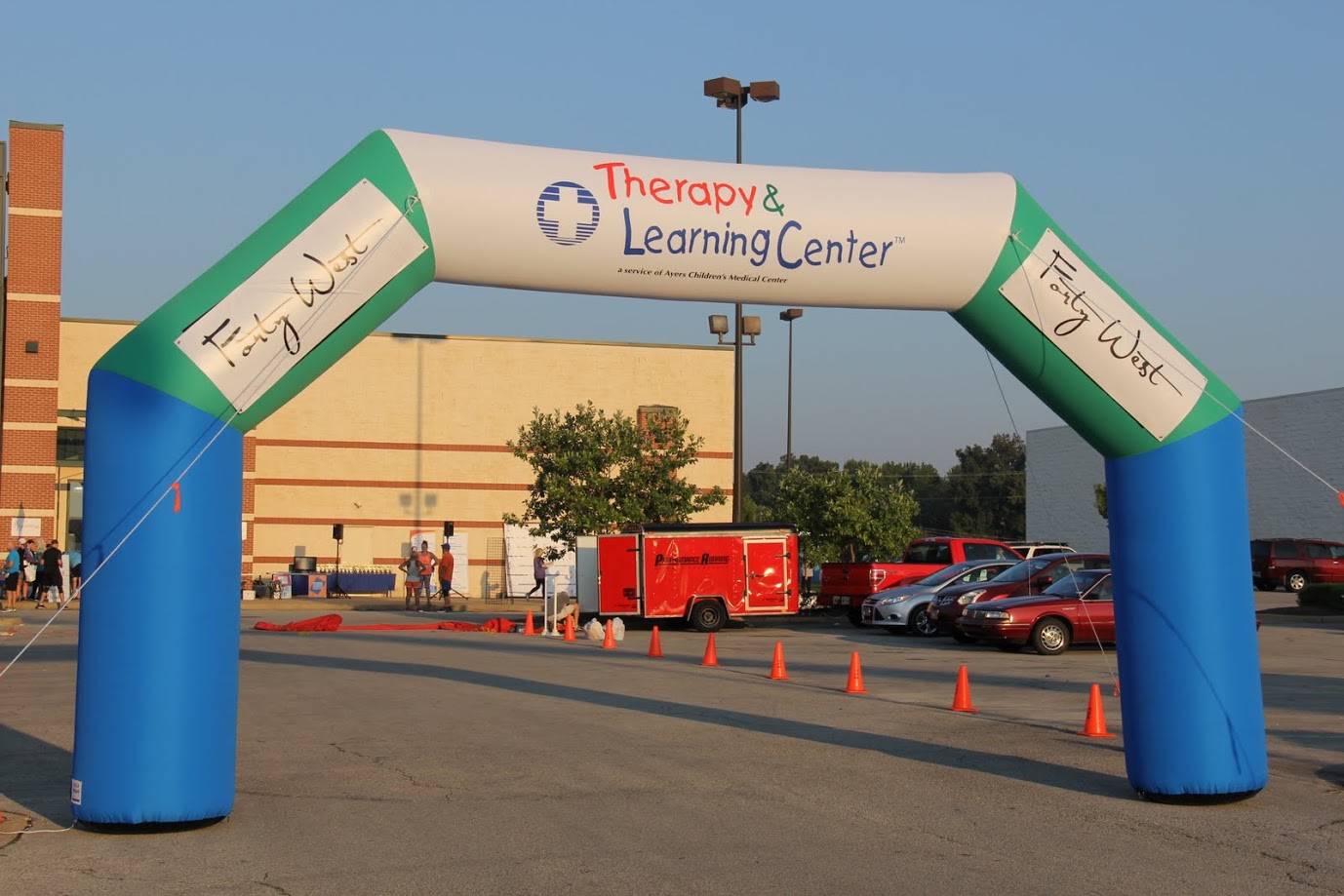 A giant inflatable sign marks the start and finish line for the Racing So They Can Ride 5k and 10k races on September 16, 2017.