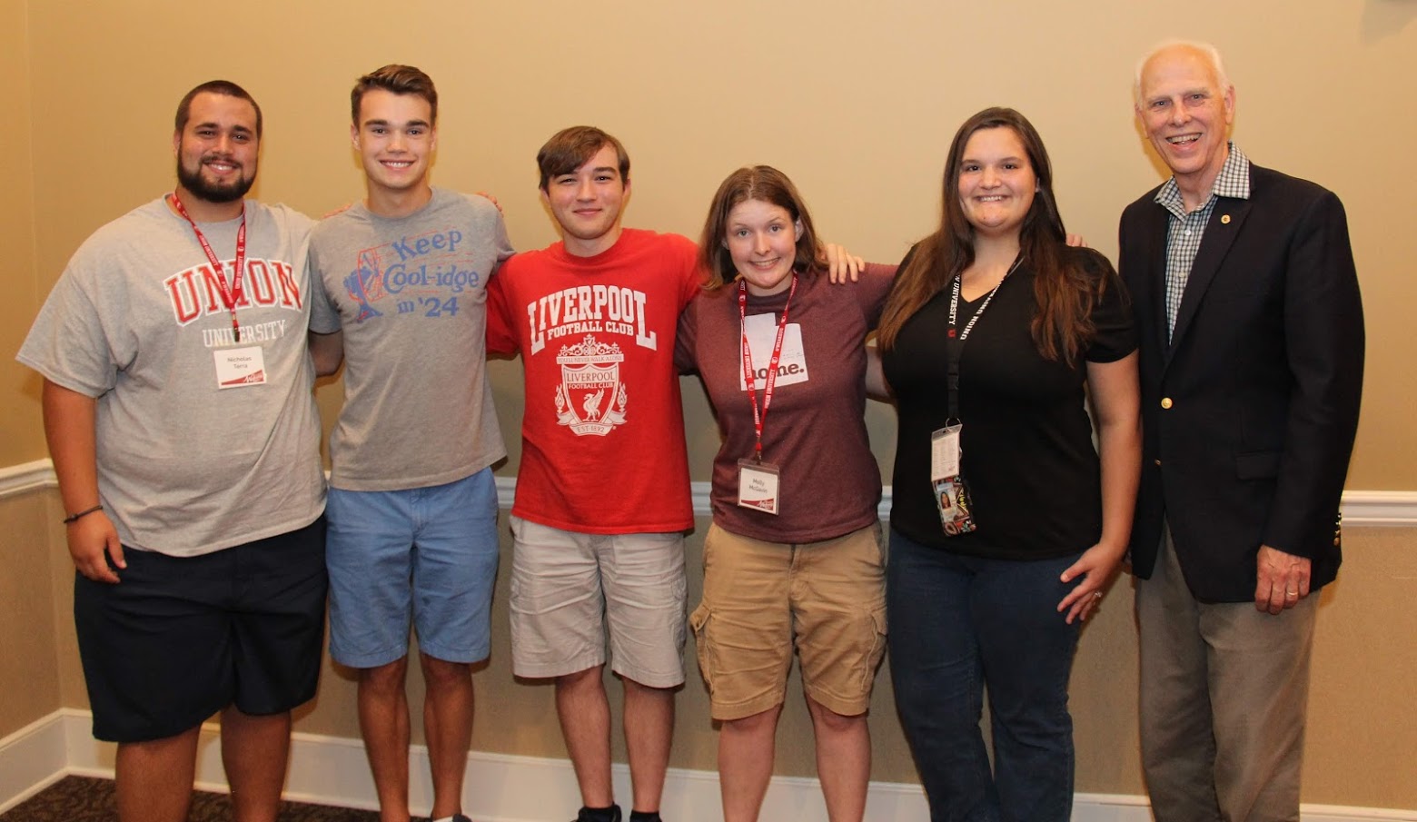 New history students stand with Dr. Stephen Carls (right) at Union's New Student Dinner on August 18, 2018. They are: (left to right) Nicholas Terra, Jack Waters, Walker Beasley, Molly McGavin, and Sandra Allen.