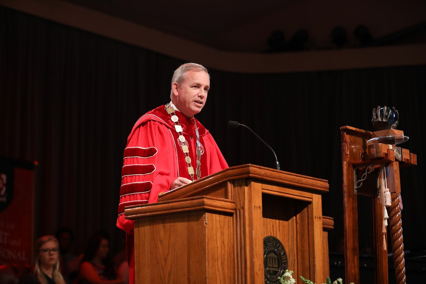 Union University President Samuel W. Dub Oliver speaks on the topic of Temperance at the school's Fall Convocation on August 24, 2018. Photo by Kristi Woody