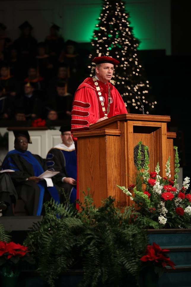 Union University President Dr. Samuel W. Dub Oliver welcomes attendees to the undergraduate commencement service on December 15, 2018. Photo by Kristi Woody