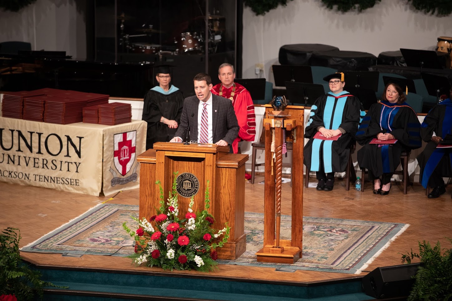 Chad Wilson, chair of the Union University Board of Trustees, delivers the undergraduate commencement address on the theme of work at West Jackson Baptist Church on December 15, 2018. Photo by Kristi Woody