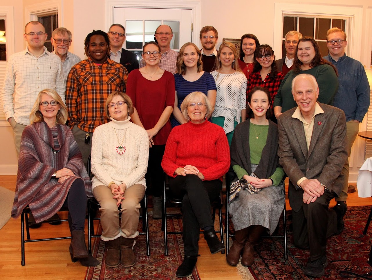 Participants at the Phi Alpha Theta French Christmas dinner on December 8, 2018, join together for a photo. They are: (front row, left to right) Brenda Briley, Becky Lindley, Nancy Thomas, Lauren Butler, and Dr. Stephen Carls; (middle row, left to right) Will Choate, Trey Hall, Katie Allison, Megan Ledbetter, Addison Osborne, Lillie Salazar, and Jessica Barton; (back row, left to right) Dr. Terry Lindley, Dr. Keith Bates, Robert Briley, Luke Sower, Audrey Cagle, Dr. David Thomas, and Nathan Heatherly.