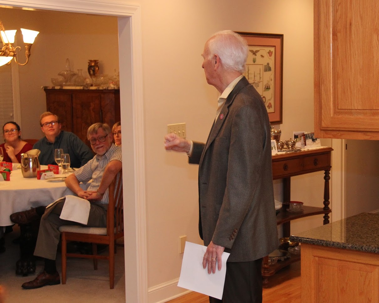 Dr. Stephen Carls talks about the 65-year history (1953-2018) of Union's Delta-Psi chapter of Phi Alpha Theta at the chapter's French Christmas dinner on December 8, 2018. All attendees received a packet of Peeps candy, which is a chapter symbol.