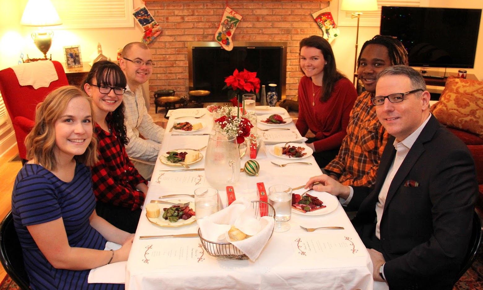 Attendees at the French Christmas dinner on December 8, 2018, take time for a photo. They are (left to right, going clockwise) Megan Ledbetter, Lillie Salazar, Will Choate, Audrey Cagle, Trey Hall, and Dr. Keith Bates.