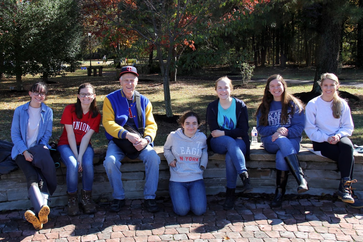 Participants in the history department's community service project at Liberty Garden Park and Arboretum on November 6, 2018, take a work break. They are (left to right) Lillie Salazar, Emily Summers, Dr. Stephen Carls, Leah Atkins, Megan Ledbetter, Rachel Durham, and Addison Osborne.