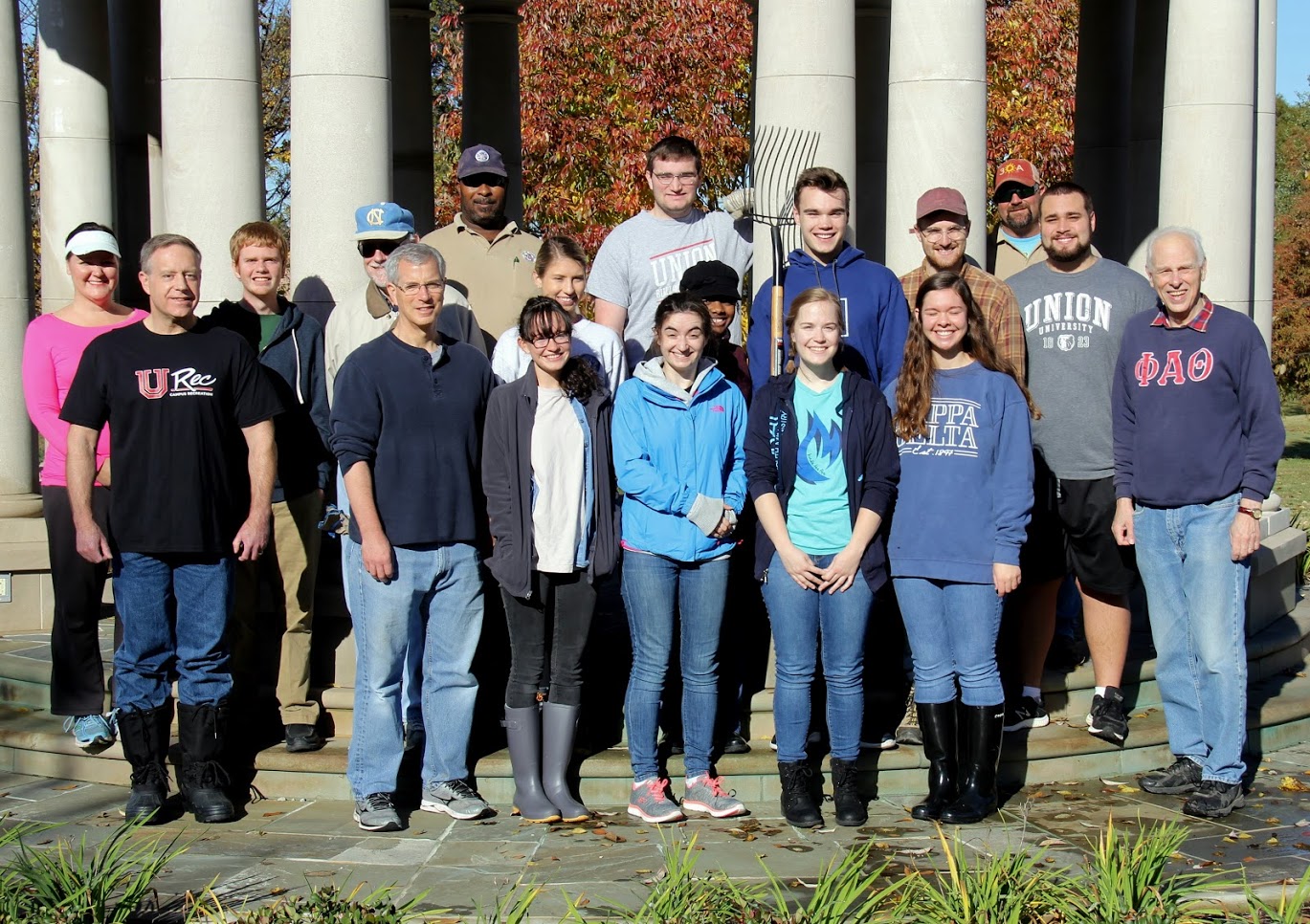 The Campus and Community service project participants at Liberty Garden Park and Arboretum stand in front of the park gazebo prior to their work on November 6, 2018. They are (front row, left to right) Dr. Henry Allen, Dr. David Thomas, Lillie Salazar, Leah Atkins, Megan Ledbetter, Rachel Durham, and Dr. Stephen Carls; (second row, left to right) Tammy Buchanan-Anderson, Gideon Ragland, Dr. Terry Lindley, Addison Osborne, Tranae Newsome, Jack Waters, Luke Sower, and Nicholas Terra; (back row, left to right) Mario Clark, Miles Randall, and J. D. Sims.