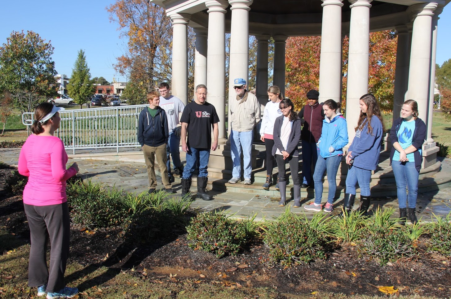 Project supervisor Tammy Buchanan-Anderson (front left) gives out work assignments at the history department's community service project at Liberty Garden Park on November 6, 2018. Group members are (left to right) Gideon Ragland, Miles Randall, Dr. Henry Allen, Dr. Terry Lindley, Addison Osborne, Lillie Salazar, Tranae Newsome, Leah Atkins, Rachel Durham, and Megan Ledbetter.