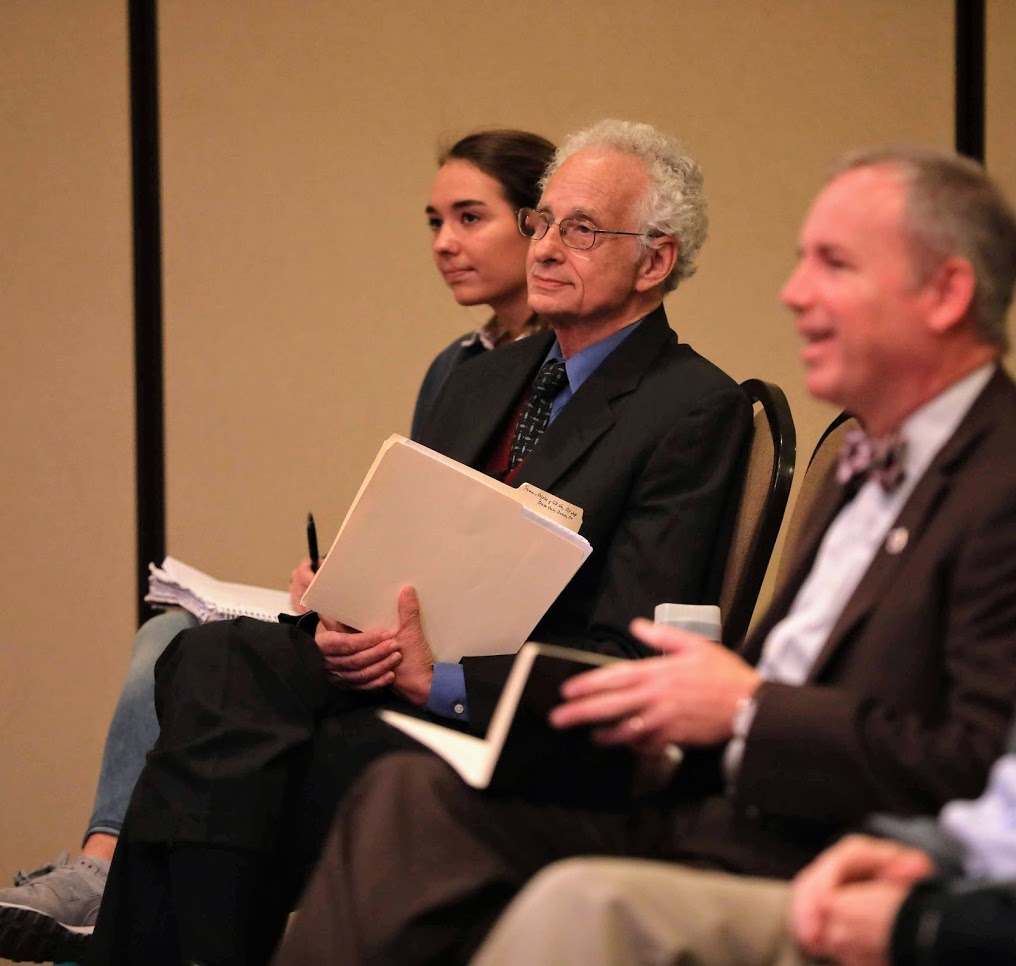Dr. Melvyn Leffler listens to Dr. Stephen Carls' introduction of him at the afternoon lecture of the Carls-Schwerdfeger History Lectureship on October 22, 2018. Photo by Kristi Woody