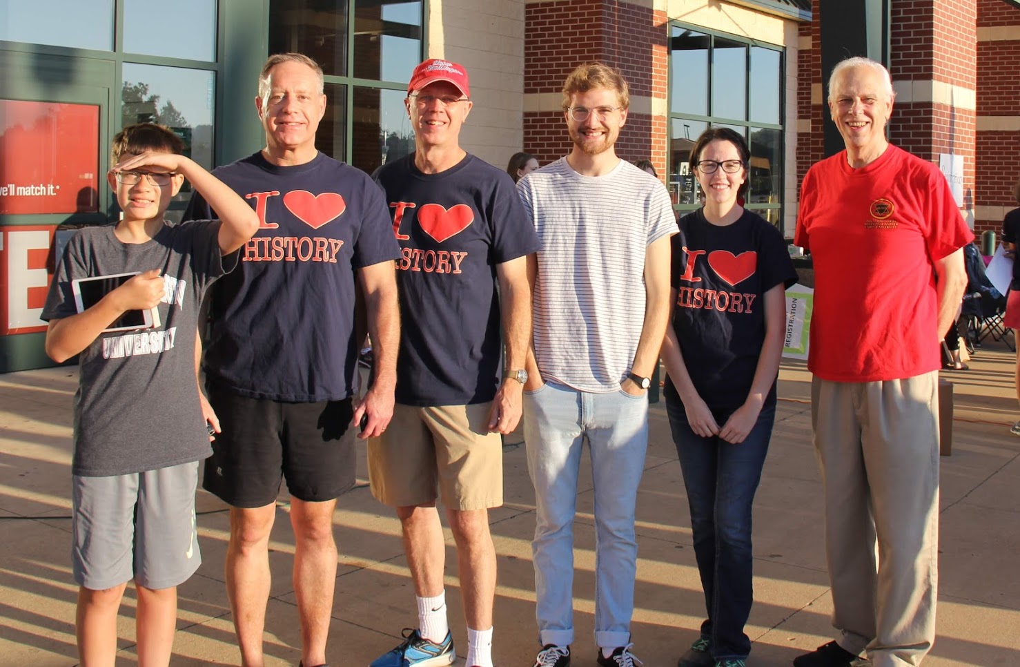 Union University volunteers pause for a photo at Dick's Sporting Goods prior to the Racing So They Can Ride 5k and 10k races on September 15, 2018. They are (left to right) Matthew Allen, Dr. Henry Allen, Robert Briley, Luke Sower, Lauren Butler, and Dr. Stephen Carls.