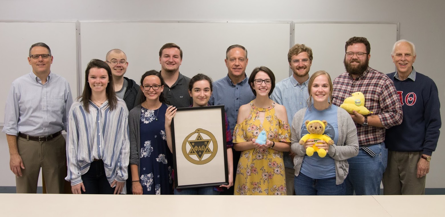 Phi Alpha Theta members join together for a photo at the Delta-Psi chapter's fall semester plenary meeting on September 20, 2018. They are: (left to right) Dr. Keith Bates, Audrey Cagle, Will Choate, Lillie Salazar, Macon Bullock, Leah Atkins, Dr. Henry Allen, Lauren Butler, Luke Sower, Megan Ledbetter, Christopher Hearn, and Dr. Stephen Carls. Photo by Lynn Tucker