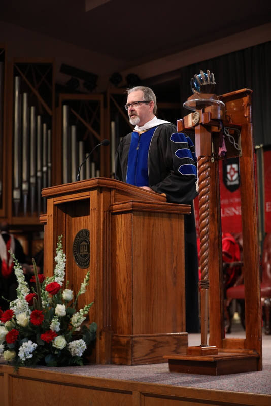 Provost John Netland introduces new Union University faculty members at the school's annual fall convocation on August 23, 2019. Photo by Kristi Woody