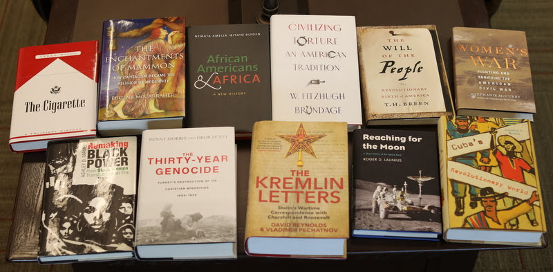 The books that the Delta-Psi chapter purchased with the $250 prize it received as part its 2019 Phi Alpha Theta Best Chapter Award are displayed in the library on December 5, 2019. Photo by Kristi Woody.