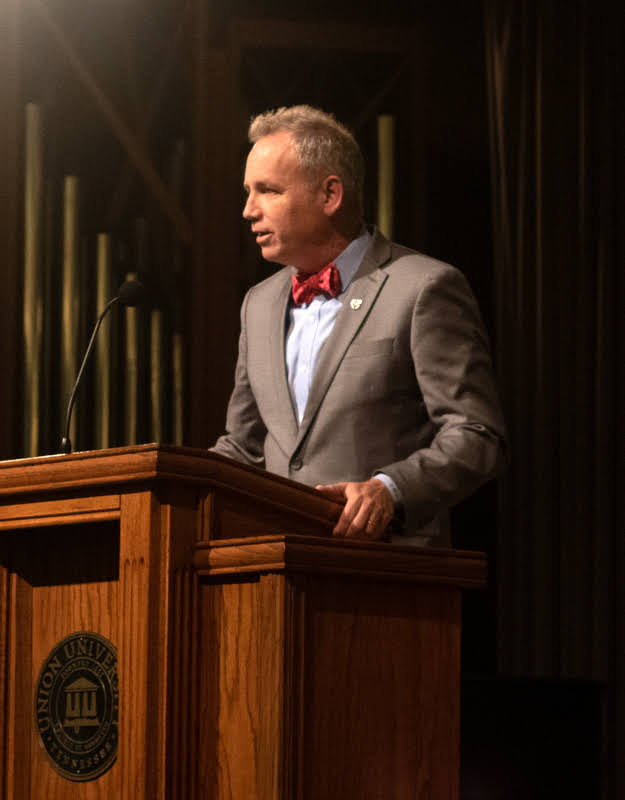 Union University President Dr. Samuel W. Dub Oliver welcomes attendees to the evening lecture of the Carls-Schwerdfeger History Lectureship with Professor Joan Waugh on October 21, 2019. Photo by Joey Echeverria