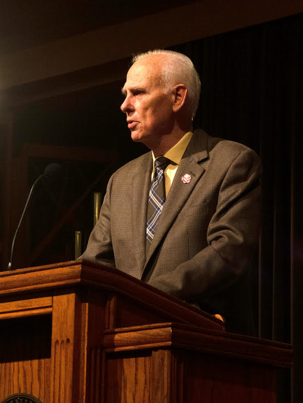 Dr. Stephen Carls introduces Dr. Joan Waugh at the evening lecture of the Carls-Schwerdfeger Lectureship on October 21, 2019. Photo by Joey Echeverria