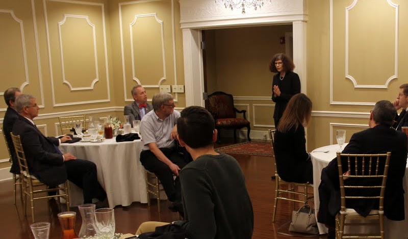 Professor Joan Waugh responds to a question during a question and answer time at a dinner in her honor on October 21, 2019.
