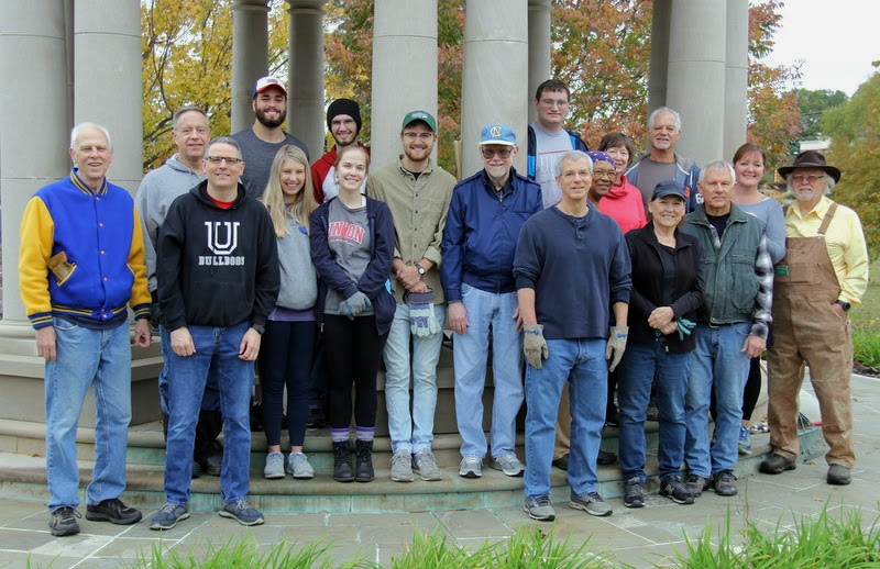 Participants in Union's Phi Alpha Theta service project at Liberty Garden Park and Arboretum on October 29, 2019, join with Jackson community members for a photo before beginning their work assignments. They are: (left to right) Dr. Stephen Carls, Dr. Henry Allen, Dr. Keith Bates, Nicholas Terra (back row), Addison Osborne (middle row), Matthew Latham (back row), Megan Ledbetter (middle row), Luke Sower, Dr. Terry Lindley, Miles Randall (back row), Dr. David Thomas (front row), Shirley Collier, Marion Cone, Jack Baudo (back row), Jonnette Carter (front row), Cliff Carter, Tammy Buchanan-Anderson, and Don Jaquet.