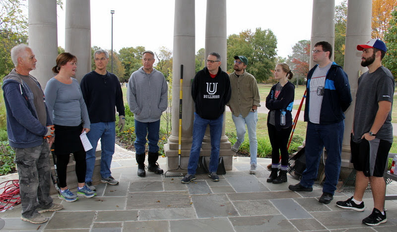 Project co-coordinator Tammy Buchanan-Anderson (second from left) talks about Liberty Garden Park and the planned work activities for Union's volunteers on October 29, 2019. Others in the photo are (left to right) Jack Baudo, Dr. David Thomas, Dr. Henry Allen, Dr. Keith Bates, Luke Sower, Megan Ledbetter, Miles Randall, and Nicholas Terra.