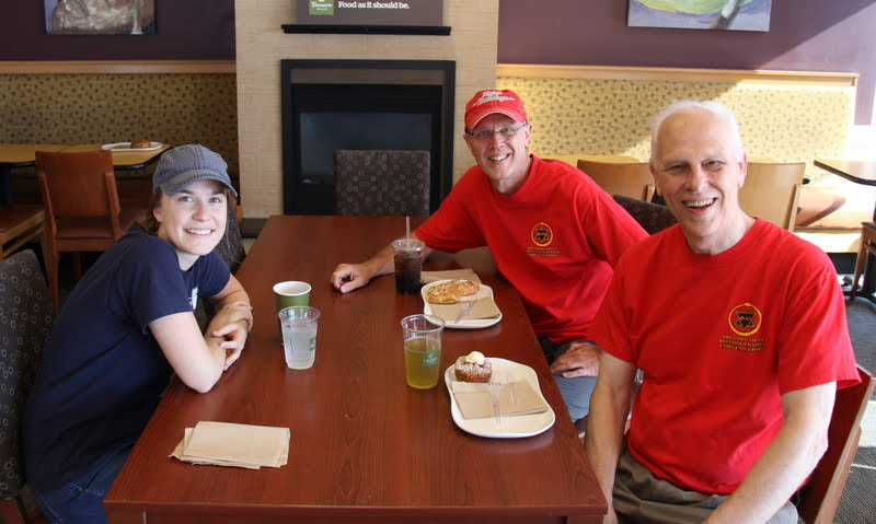 Phi Alpha Theta members Megan Ledbetter (left to right), Robert Briley, and Dr. Stephen Carls enjoy breakfast together at Panera Bread following the Racing So They Can Ride event at Dick's Sporting Goods on September 21, 2019.