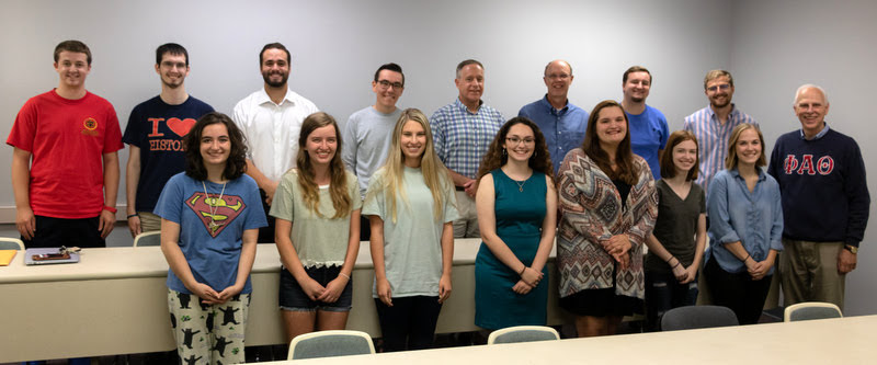 Delta-Psi chapter members of Phi Alpha Theta take time for a photo during their fall plenary meeting on September 24, 2019. They are: (front row, left to right) Leah Atkins, Rebekah Lisle, Addison Osborne, Johnna Wade, Sandra Allen, Savannah Wright, Megan Ledbetter, and Dr. Stephen Carls; (back row, left to right) Reagan Smith, Matthew Latham, Nicholas Terra, Mac Hazlerig, Dr. Henry Allen, Robert Briley, Macon Bullock, and Luke Sower. Photo by Joey Echeverria