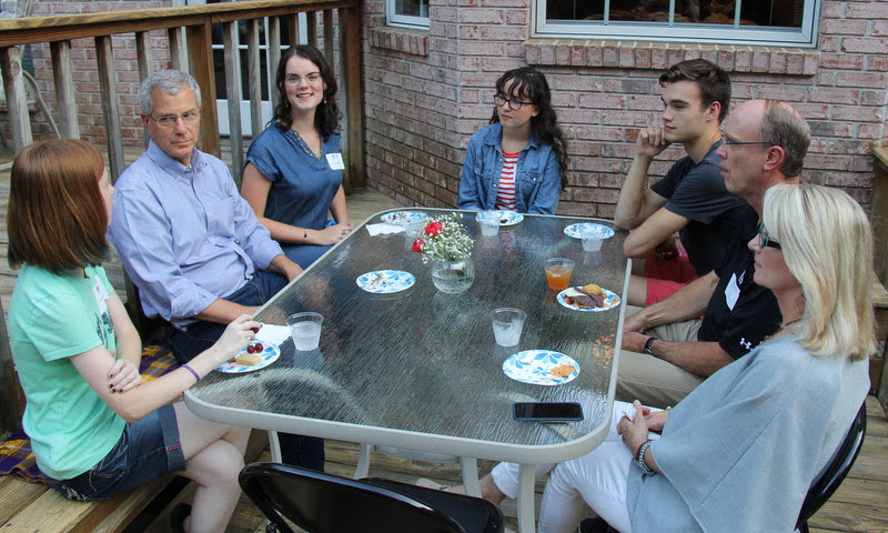 Attendees at the History Welcome Reception on September 9, 2019, enjoy food and conversation together. They are (left to right, going clockwise) Savannah Wright, Dr. David Thomas, Avery Rist, Lillie Salazar, Jack Waters, Robert Briley, and Brenda Briley.