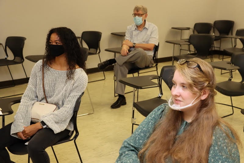 Some of the attendees at the Rutledge Honorary History Club meeting on October 26, 2020, are Hannah Hempel (front left), Breanna Edmiston (front right), and Dr. Terry Lindley (behind).