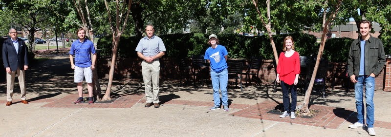 Attendees at the Delta-Psi chapter's fall plenary meeting on September 30, 2020, practice social distancing for a group photo at the end of the gathering. They are (left to right) Dr. Keith Bates, Walker Beasley, Dr. Henry Allen, Elizabeth Blevins, Savannah Wright, and Jack Waters.