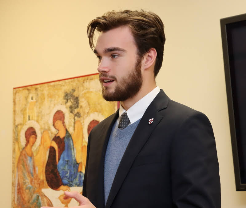 Jack Waters responds to a question during his honors thesis defense on December 8, 2021.